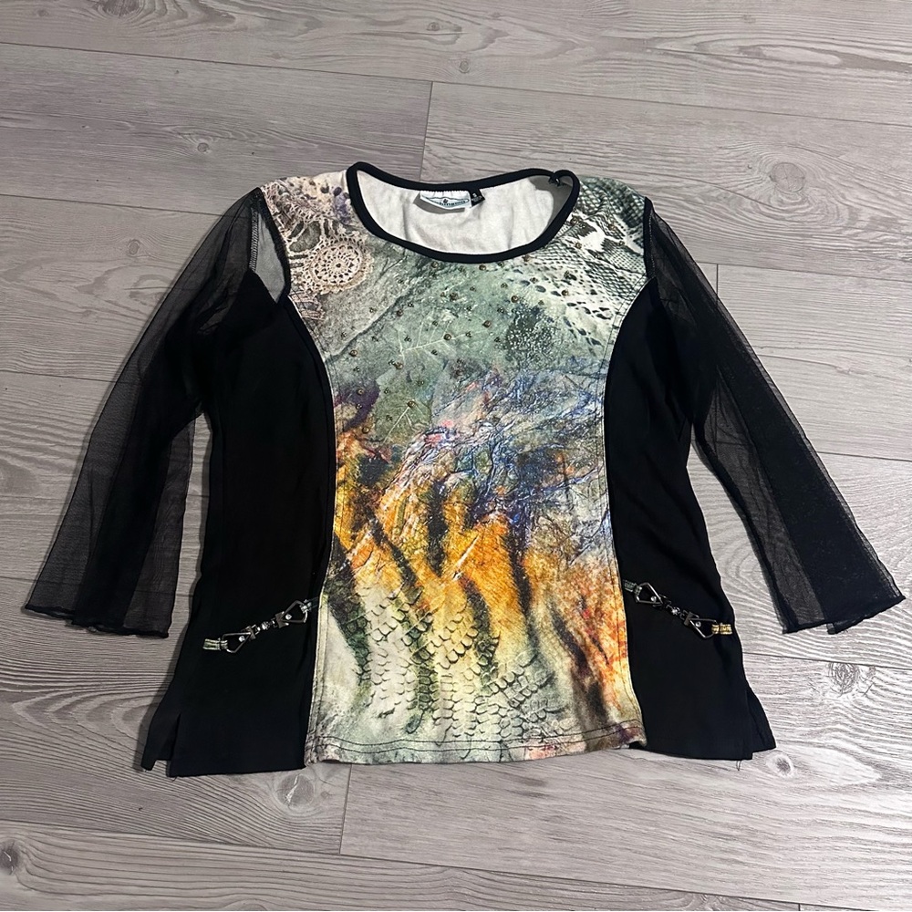 Vintage Patchington Black Green Mesh Sleeve Abstract Top Metal Hardware, Size M